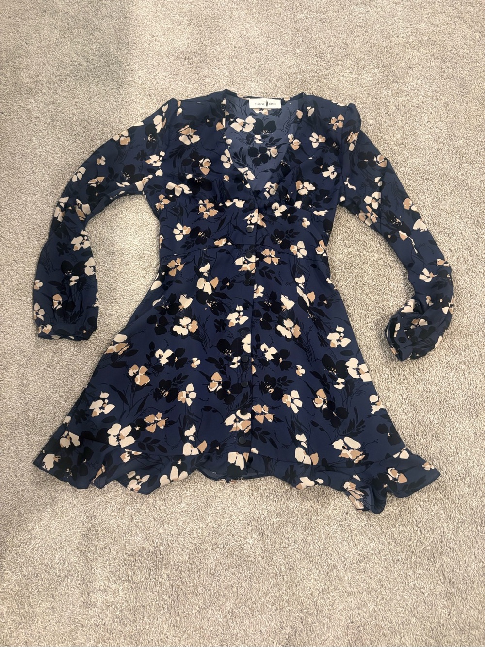 Native Chic Navy Floral Dress Shoulder Pads Smocked Waist Fall Festival Midi